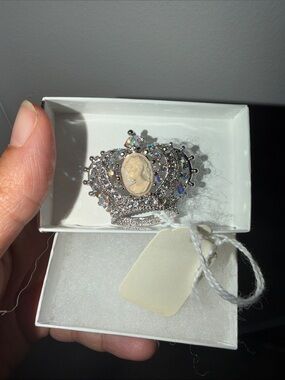 Cameo Crown Brooch Pin in Silver with Iridescent Stones